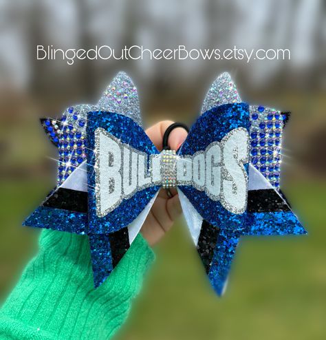 The "Badabling" Bow// Large 7" cheer bow Royal blue, white and black colors and rhinestones //  Royal blue rhinestone bow with team name Cheerleading Bows Diy, Competition Cheer Bows, Bling Cheer Bows, Bow Styles, Competition Cheer, Competition Bows, Bow Making Tutorials, Cheerleading Competition, Blue Cheer