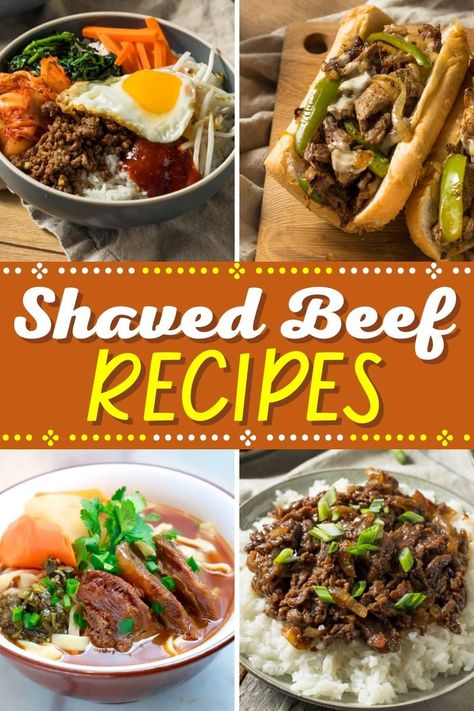 Try these shaved beef recipes for easy, delicious meals everyone will love. From sandwiches to pasta to fajitas, thinly-sliced steak makes for some tempting dishes. What To Do With Steak Meat, Recipes For Shaved Steak, What To Make With Shaved Steak, Thinly Sliced Steak Recipes Dinners, Recipes Using Shaved Beef, Recipes Using Shaved Steak, Shaved Meat Recipes, Shaved Steak Sandwich Recipes, Sliced Beef Recipes Ideas