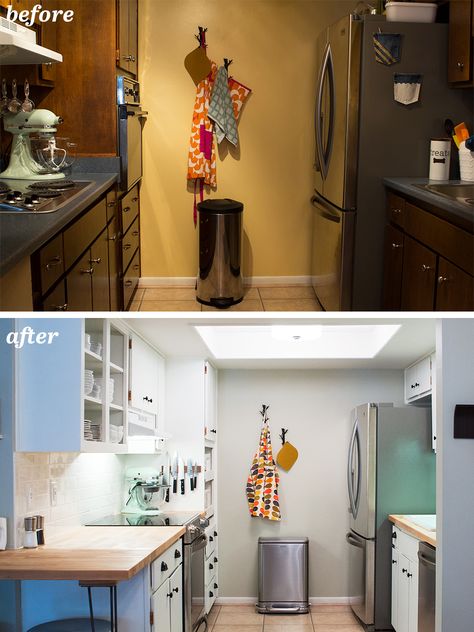 Loving this 1960's galley kitchen transformation! They kept the original cabinets and made great use of the tiny space. (Click through for more details) Small Galley Kitchen Remodel, 1960s Kitchen Remodel, Tiny Kitchen Remodel, Kitchen Remodel Checklist, 60s Kitchen, Inexpensive Kitchen Remodel, Diy Remodeling, Small Galley Kitchen, Kitchen Remodel Plans