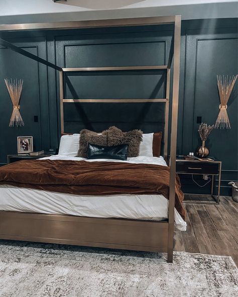 Loving the dark grey walls in the master bedroom! It is our bedroom retreat! Ideas Habitaciones, Bad Inspiration, Bed Design Modern, Up House, Couple Bedroom, Bad Design, Master Bedrooms Decor, Bed Styling, Beautiful Bedrooms