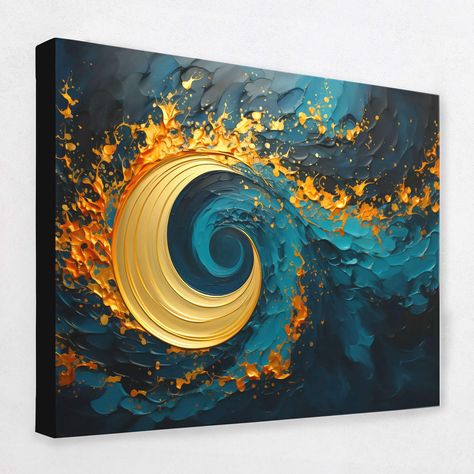 Astral Nirvana - Teal Celestial Swirl Canvas Art - Luxury Wall Art Swirl Art Painting, Spiral Painting, Spiritual Art Painting, Abstract Painting Acrylic Modern, Luxury Wall Art, Gold Art Painting, Spiritual Paintings, Golden Spiral, Orange Hues