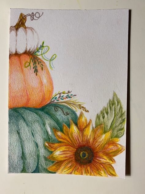 Pumpkin Color Pencil Drawing, Fall Color Pencil Drawings, Autumn Pencil Drawing, Fall Drawing Ideas Pencil, Fall Colored Pencil Drawings, Stacked Pumpkins Painting, Autumn Drawing Pencil, 3 Pumpkins Stacked, Coloured Drawings