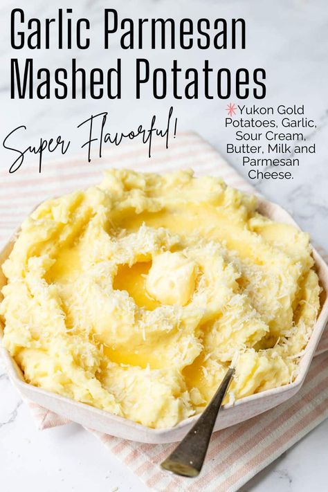 REALLY flavorful mashed potatoes made from Yukon Gold Potatoes mixed with garlic, parmesan, sour cream, butter and milk. They make an amazing potato side dish. Garlic Parmesan Potatoes Mashed, Potatoes With Parmesan Cheese, Flavorful Mashed Potatoes, Sausage Meatballs Recipes, Baked Italian Sausage, Garlic Parmesan Mashed Potatoes, Garlic Mashed Potatoes Recipe, Parmesan Mashed Potatoes, Garlic Parmesan Potatoes