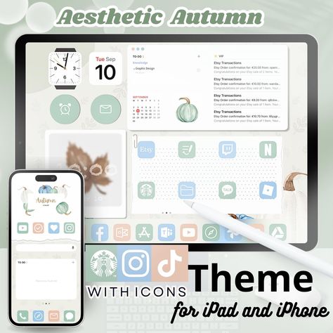 Aesthetic Autumn Theme Pack for iPad & Phone | 300+ Minimalistic iOS/Android Icons | Aesthetic iPad Wallpaper Kit | iPad Wallpaper Theme Ios Cottagecore, Cottagecore Iphone Icons Apps, Cottagecore App Icons Free, Ios App Icon Cottagecore, Fairy Ios14 Homescreen, Android Icons, Android Theme, Ipad Background, Iphone Lockscreen