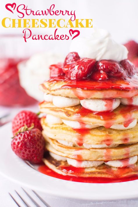 Strawberry Cheesecake Pancakes A baJillian Recipes-8 (title) Strawberry Cheesecake Pancakes, Homemade Blueberry Pancakes, Buttermilk Pancake Recipe, Pancake Syrup Recipe, Cheesecake Pancakes, Soufflé Pancakes, Berry Pancakes, Savory Cakes, Pancake Bites