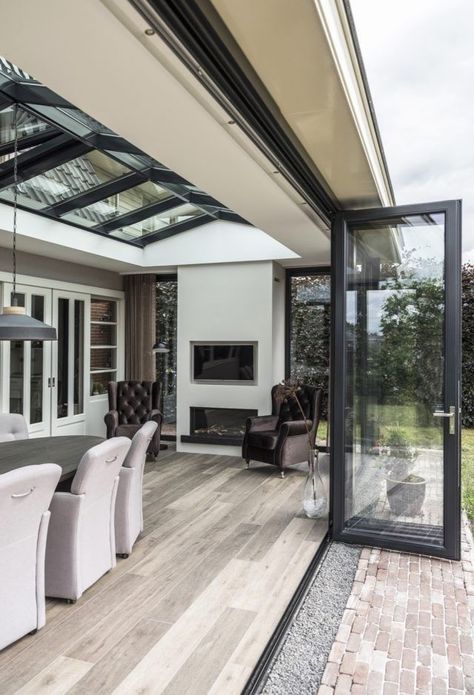 Glass Conservatory, Garden Room Extensions, Room Extensions, Sunroom Designs, Folding Walls, House Extension Design, Glass Walls, Glass Roof, Folding Doors