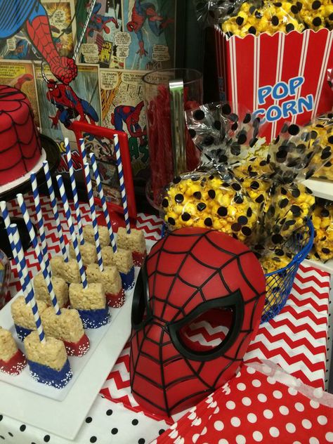 Spiderman party ideas, spiderman party, spiderman centerpieces, superhero party… Spiderman Treat Table, Spiderman Candy Table Ideas, Spiderman Snacks Birthdays, Spiderman Candy Table, Spiderman Table Set Up, Dollar Tree Spiderman Party, Spiderman Centerpieces, Table Spiderman, Spiderman Treats Ideas