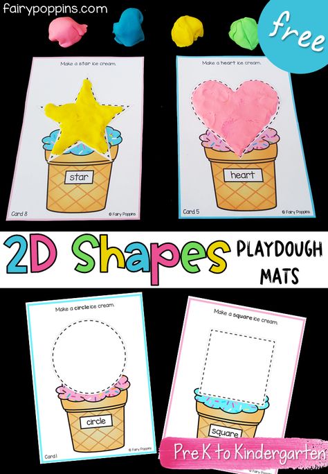 These free ice cream playdough mats help kids learn about 2D shapes. Kids can make the shapes with playdough or trace them with an erasable marker. These are a fun addition to math centers! #icecreamactivities #summeractivities #preschoolmath #kindergartenmath #shapesactivities #playdoughmats #finemotoractivities #2Dshapes Play Dough Shape Mats, Ice Cream Math Preschool, Summer Playdough Mats, Shapes Playdough Mats, Addition Playdough Mats, Subitizing Cards, Kindergarten Math Center, Alphabet Centers, Early Learning Activities