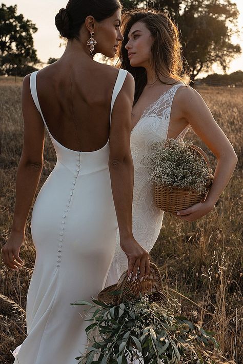 Meet Grace and Dahlia, Grace Loves Lace’s Latest Bridal Additions Short White Dress Wedding, Knee Length Wedding Dress, Satin Bridal Gowns, Crepe Wedding Dress, Mini Wedding Dresses, Women Bride, Fit And Flare Wedding Dress, Grace Loves Lace, Bride Gowns