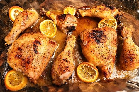 4-Ingredient Crispy Lemon Pepper Baked Chicken Recipe With Charred Lemons Lemon Pepper Baked Chicken, Recipes With Minimal Ingredients, Hen Recipes, Delicious Entrees, Baking Chicken, Baked Lemon Pepper Chicken, Italian Baked Chicken, French Chicken, 30seconds Food