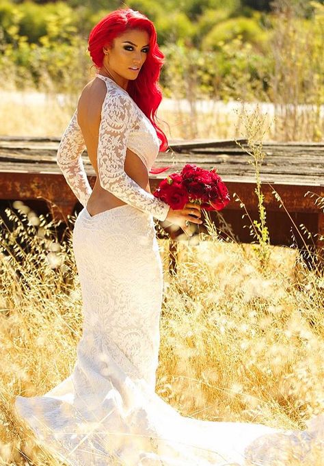 On August 22, 2014, Natalie Marie Nelson (WWE Diva Eva Marie) married Jonathan Coyle at Viansa Winery in Sonoma, California. The bride wore two custom gowns at the event created by designer Michael Costello #WWE #TotalDivas #wweweddings #wwecouples #wwewives #wwewags Natalie Eva Marie, Wild Hair Color, Bright Red Hair, Eva Marie, Custom Gown, Backless Prom Dresses, Dress Designer, Bride Wear, Redheads