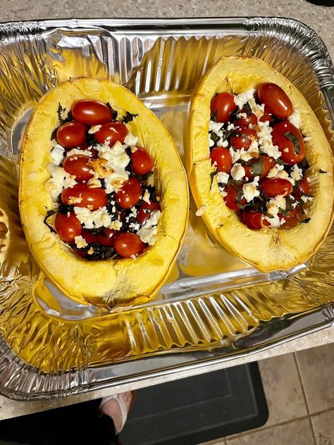 Tomato Feta Spaghetti Squash Bake, Tomato Feta Baked Spaghetti Squash, Spaghetti Squash With Feta And Tomatoes, Spaghetti Squash Feta Tomato, Spagetti Squash Bake, Feta Tomato Bake, Spaghetti Squash Feta, Tomato Bake, Feta Tomato