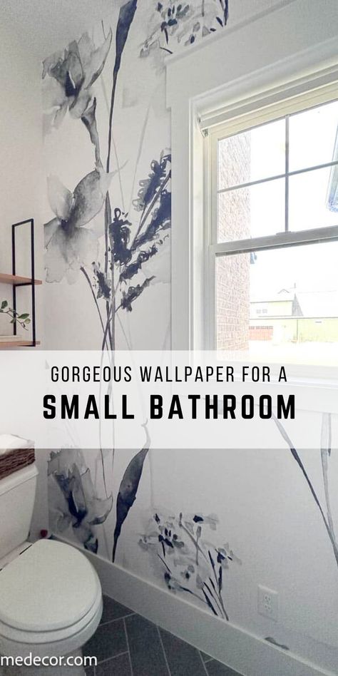 Ever thought a small bathroom could become a stunning space to escape the everyday chaos? With the right wallpaper, even the smallest powder room can become a stylish retreat! Explore the transformative power of wallpaper in bathrooms and see how you can create a spa-like atmosphere in your own bathroom. Curious? See my blog for more details! Small Bath Design Ideas, Gray Tile Bathroom With Wallpaper, Wallpaper In A Small Room, Powder Room Ideas Tile Wall, Edgy Powder Room Ideas, Large Floral Wallpaper Bathroom, Wallpaper With White Walls, Wallpaper Powder Room Small Modern Elegant, Modern Wallpaper In Bathroom