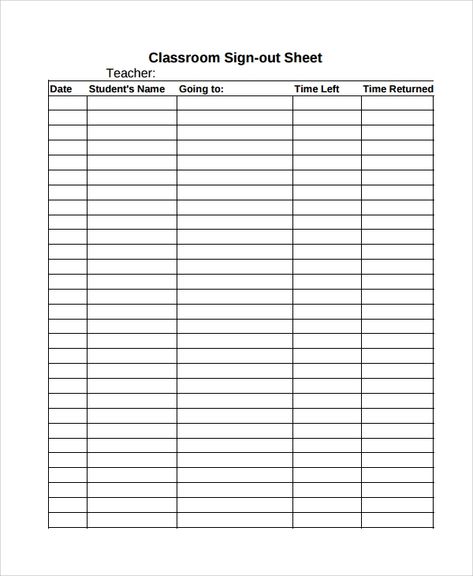 FREE 9+ Sample Classroom Sign Out Sheet Templates in MS Word | PDF Classroom Contract, Substitute Teacher Resources, Restorative Circles, Kindergarten September, Sign Out Sheet, Teacher Info, High School Library, Pattern Worksheet, Sign In Sheet