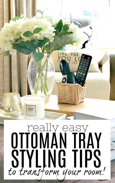 Create a gorgeous living room focal point with these ottoman tray styling ideas. A tray on an ottoman (or footstool or coffee table) can really enhance a rooms interior design, and this article will give you all the tips you need to create your own with ease. Have fun and I can't wait to see what you produce! #traystyling #tray #ottoman #footstool #coffeetable #ottomantraystyling #livingrooms #livingroomdesign How To Decorate A Ottoman Ideas, Ottoman Round Tray Styling, Tray On Ottoman Decor, Big Tray For Ottoman, Ottoman Tray Decor Ideas Fall, Decorative Ottoman Tray Ideas, Square Ottoman Tray Decor Ideas, Serving Tray On Ottoman, Round Ottoman Tray Decor Ideas