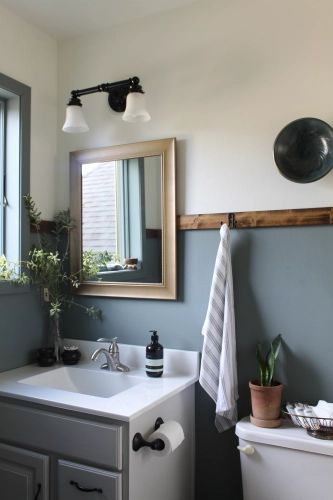 A $0 Bathroom Makeover Transformation! Basement Bathroom Paint Ideas, Blue Wall Bathroom Ideas Paint, Small Bathroom Repaint, Industrial Bathroom Paint Colors, Painting Ideas For Small Bathroom, Bathroom Color For Small Bathroom, Blue Bathroom Board And Batten, Two Tone Half Bath, Bathroom Inspiration Colorful