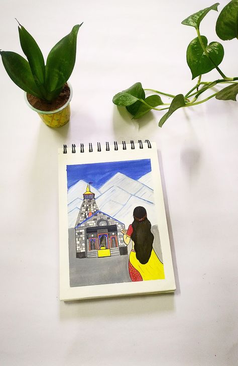 Art by aishu. Kedarnath temple painting on paper with acrylic colour. Kedarnath Temple Painting, Kedarnath Painting, Dream Kedarnath, Dress Illustration Art, Kedarnath Temple, Temple Painting, Diy Floral Decor, Girl Painting, Dress Illustration