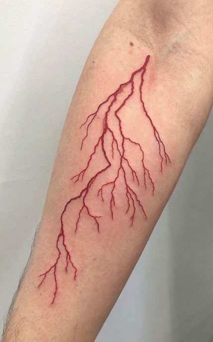 Lightning Line Tattoo, Lightning Tattoo Traditional, Lightning Strikes Tattoo, Pink Lightning Tattoo, Red Lighting Tattoos, Red Lightening Tattoo, Forearm Lightning Tattoo, Flame Spine Tattoo, Red Lightning Bolt Tattoo