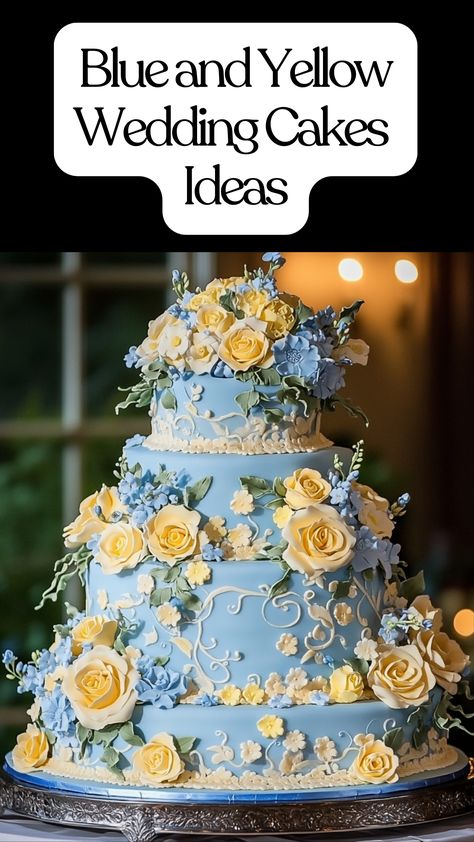 A beautifully decorated blue and yellow wedding cake enhances the wedding's visual appeal and offers a variety of flavors, reflecting the couple's love story. Light Blue And Yellow Wedding Theme, Blue And Yellow Wedding Cake, Yellow Wedding Cakes, Blue And Yellow Wedding, Colorful Combinations, Wedding Cake Peach, Wedding Cakes Ideas, Yellow Wedding Cake, Wedding Theme Color Schemes