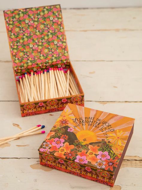 Coffee Table Matches - You Make The World Brighter – Natural Life Diy Matches Box Ideas, Candle Subscription Boxes, Treasure Box Ideas, Match Box Design, Fun Packaging Design, Decorated Matchboxes, Cute Small Gifts, Gift Shop Decor, Matches Holder