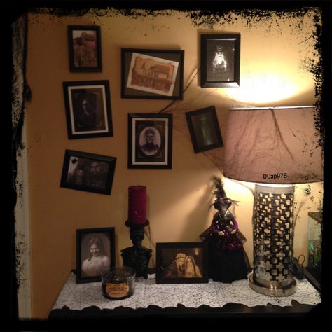 Section of my sitting area for my DeAd & BreakFast themed Halloween decor  2016 A Night To Dismember Halloween Party, Haunted House Dining Room, Gothic Halloween, Halloween Wall Art, Halloween Event, Spooky Decor, Sitting Area, Halloween Haunt, Diy Halloween Decorations