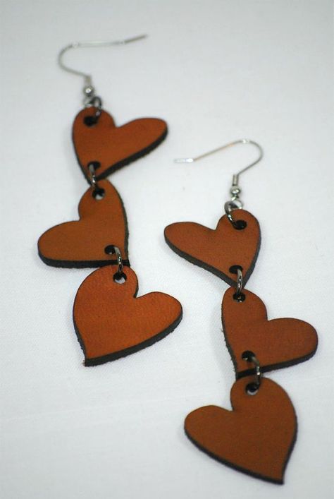 Laser Cut Leather Earrings, Leather Heart Earrings, Cricut Earrings, Leather Jewelry Making, Handmade Leather Jewelry, Diy Leather Earrings, Leather Jewelry Diy, Three Hearts, Leather Earring