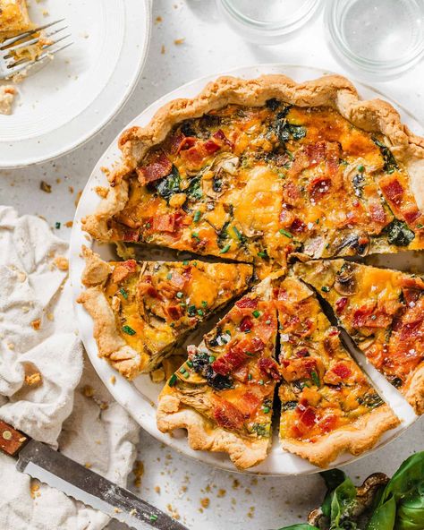 Bacon Mushroom Spinach Quiche - Britney Breaks Bread Mushroom Bacon Quiche, Mushroom Spinach Quiche, Easy Spinach Quiche, Spinach And Feta Quiche, Mushroom And Spinach Quiche, Bacon Spinach Quiche, Mushroom Bacon, Spinach Quiche Recipes, Mushrooms And Spinach