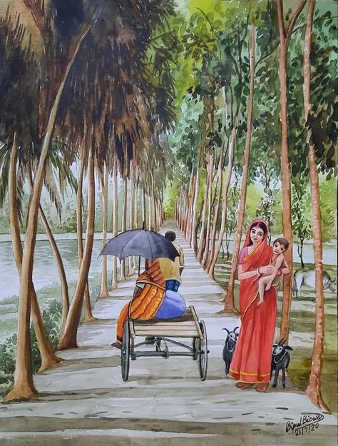 Village Life Painting, Village Scene Drawing, Village Drawing, Buddha Painting Canvas, Childhood Memories Art, Watercolor Scenery, Human Figure Sketches, Indian Art Gallery, Nature Art Drawings