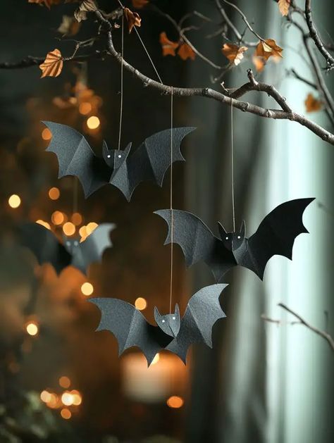 Diy Bat Halloween Decorations, Hanging Paper Bats Diy, Cheap Halloween Decorations Party, Hanging Bats Diy, Diy Hanging Halloween Decorations Outdoor, Hanging Bats For Halloween, Last Minute Halloween Party Ideas, Diy Bat Decorations, Cheap Easy Diy Halloween Decorations