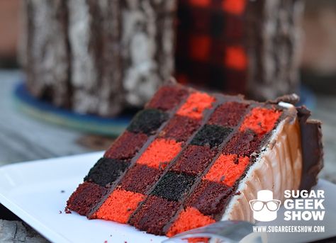 plaid lumberjack cake on sugar geek show Tree Trunk Cake, Plaid Cake, Lumberjack Cake, Checkerboard Cake, Log Cake, Yellow Foods, Red Food Coloring, Cakes For Men, Red Food