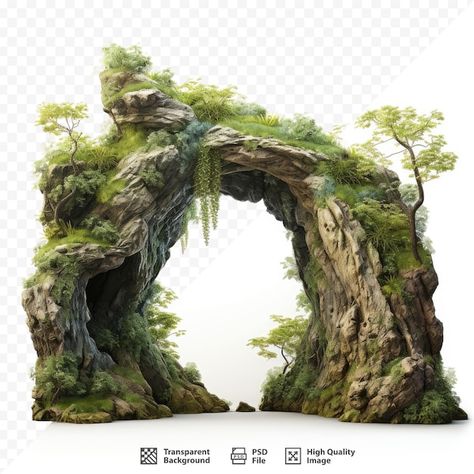 PSD a picture of a natural arch with tre... | Premium Psd #Freepik #psd #floating-island #fantasy #cliff #fantasy-landscape Matte Painting Ideas, Adinkra Tattoo, Floating Rocks, White Background Plain, Rock Arch, Deep Nature, Puja Pandal, Background Fantasy, Bamboo Background