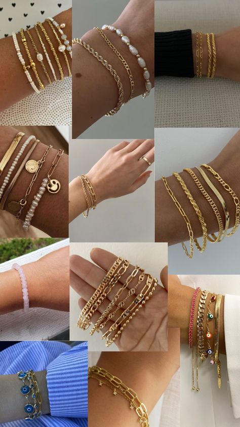 Bracelet stack inspo Bracelet Stack Aesthetic, Boston Fits, Jewelry Closet, Jewelry 2023, Dream Bracelet, Bracelet Stacks, Wrist Stacks, Bead Charms Diy, Chanel Makeup