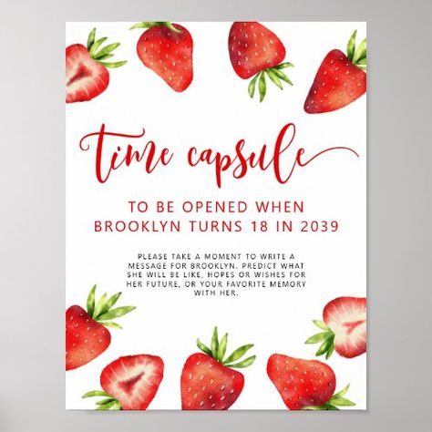 $10.15 | Time Capsule Sign | Strawberry Birthday Party #time capsule sign, strawberry party, girl birthday party, berry first, 1st birthday party, red, party decor, party game, berry sweet, summer Red Party Decor, Berry First Birthday Decorations, Strawberry Themed Birthday Party, First Birthday Brunch, First Birthday Activities, Strawberry Birthday Party, First Birthday Favors, First Birthday Posters, 1st Birthday Party For Girls