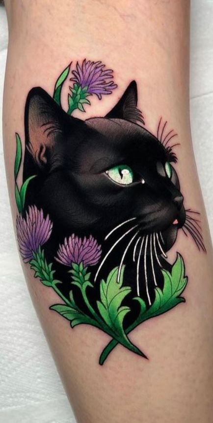 Black Cat Hand Tattoo, Black Cat Face Tattoo, American Traditional Black Cat, Cover Tatoos Ideas, Coverup Tattoo Ideas For Women, Floral Cat Tattoo, Black Cat Tattoo Ideas, Cauldron Tattoo, Small Cover Up Tattoo