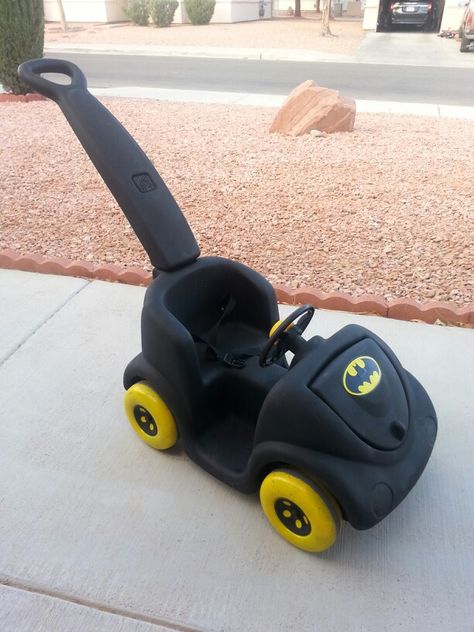 Batman paint job on a Step 2 push car. Step2 Push Car Makeover, Step 2 Car Makeover, Step 2 Push Car Makeover, Push Car Makeover, Batman Cardboard Box Car, Batman Golf Cart, How To Paint Plastic Toy Car, Little Tikes Makeover, Batman Car Accessories