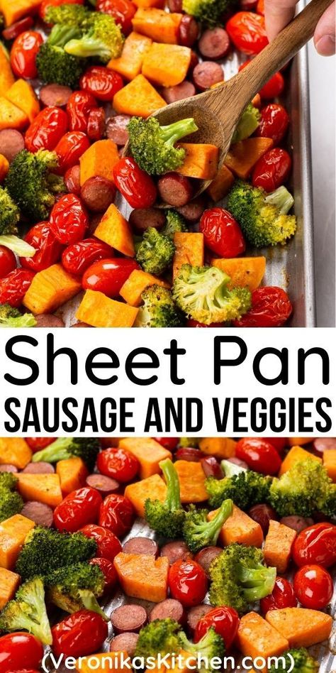 Roasted sweet potatoes, cherry tomatoes, broccoli, and sausage on a pan sheet. Sheet Pan Sausage And Veggies, Baked Broccoli Recipe, Pan Sausage And Veggies, Roasted Sausage, Sheet Pan Sausage, Sausage And Veggies, Easy Dinner Options, Quick And Easy Dinner, Veggie Bowl