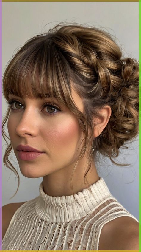 Wedding Hairstyles With Bangs Updo, Fancy Hair With Bangs, Wedding Hairstyles Fringe, Bridal Hairstyles Bangs, Updo Bangs Wedding, Wedding Hairstyles With Fringe, Low Updo With Bangs, Wedding Hairstyles For Bangs, Wedding Guest Hairstyles Bangs