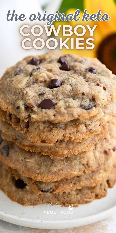 These are the original Keto Cowboy Cookies. You can't resist these big low carb cookies loaded with chocolate chips, coconut, and pecans! Keto Coconut Chocolate Chip Cookies, Keto No Bake Cookies Coconut, Keto Cookies Chocolate Chip, Keto Pecan Cookies, Carb Free Cookies, Keto Butter Pecan Cookies, Keto Oatmeal Chocolate Chip Cookies, Keto Pecan Pie Cookies, Keto Low Carb Cowboy Cookies