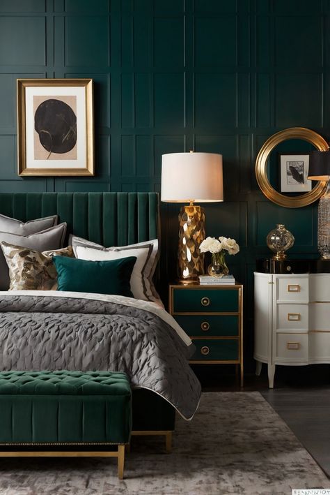 Discover the most sizzling bedroom color trends this season, guaranteed to transform your space into a stylish sanctuary. #ad     #Colortrend #wallpaint2024  #color2024  #DIYpainting  ##DIYhomedecor  #Fixhome Modern Jewel Tone Bedroom, Home Decor 2024 Trends, Modern Glamour Bedroom, Elevated Bedroom, Choosing Bedroom Colors, Color Palette Bedroom, Gothic Living Rooms, Goth Living Room, Jewel Tone Bedroom