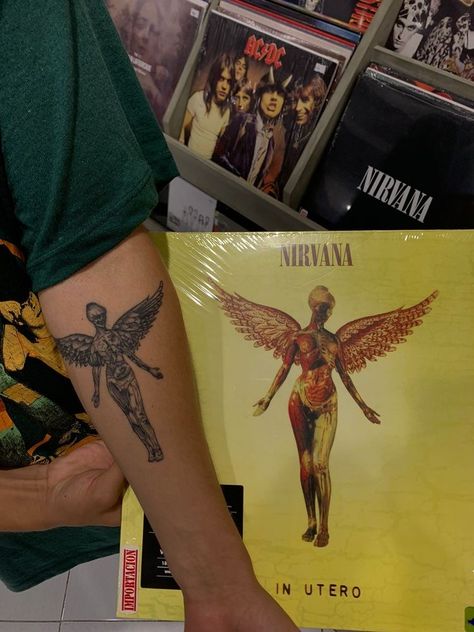 Nirvana Arm Tattoo, Music Album Cover Tattoo, Nirvana Album Cover Tattoo, Tattoo Ideas Nirvana, Nirvana Inspired Tattoos, Nirvana Tattoo Ideas, In Utero Tattoo, Utero Tattoo, Rockstar Tattoo