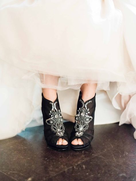 black jeweled heels Wedding Shoe Ideas, Wedding Shoes Open Toe, Black Wedding Shoes, Converse Wedding Shoes, Fun Wedding Shoes, Shoes Bride, Designer Wedding Shoes, Wedding Boots, Wedding Shoes Bride