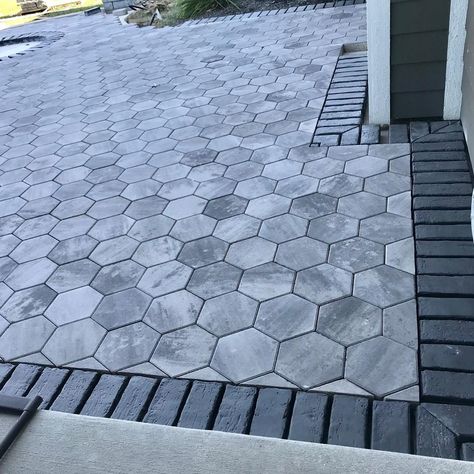 Hexagon Pavers Patio, Octagon Pavers, Pavers Around House, Paver Designs Patterns, Hexagonal Pavers, Rowhouse Backyard, Hexagon Pavers, Paved Patio Ideas, Hexagon Patio