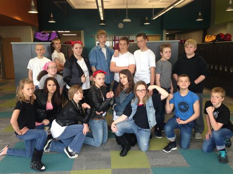 GREASER VS. SOC!!!   Outsider day at Frank's school:   Add sleeve tat, red bandana, denim on denim, my converse and lots of hair gel... oh yeah. Outsiders Dress Up Day, Add Sleeves, Dress Up Day, Denim On Denim, Stay Gold, Spirit Week, Red Bandana, Oh Yeah, Hair Gel