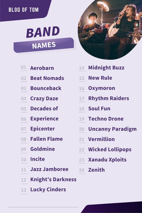 Looking for the perfect name for your band? Check out these band name ideas. From ‘Aerobarn’ to ‘Zenith’, there’s sure to be a name that resonates with your band’s vibe and music style. Save this list and get inspired! Band Ideas Name, Music Band Names Ideas, Concert Name Ideas, Aesthetic Band Names, Cool Band Names, Song Names Ideas, Folder Names Ideas, School Names Ideas, Band Names Ideas