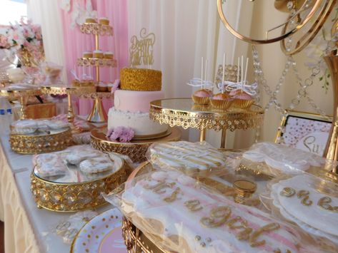 Pink & Gold Baby Shower Dessert Table Pink And Gold Dessert Table, White Baby Shower Theme, Rose Gold Baby Shower Decorations, Baby Shower Treat Table, Gold Baby Room, Dessert Table Pink, Gold Dessert Table, Gold Baby Shower Decorations, Table Baby Shower