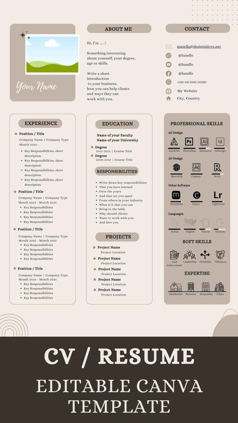 Impress clients and employers with a professionally crafted CV that reflects your unique design flair. This template is tailored specifically for architects and interior designers. Now on sale! Architect Cv, Interior Designer Resume, Interior Design Cv, Graphic Design Cv, Creative Cv Template, Designer Resume, Creative Cv, Cv Template Professional, Design Cv