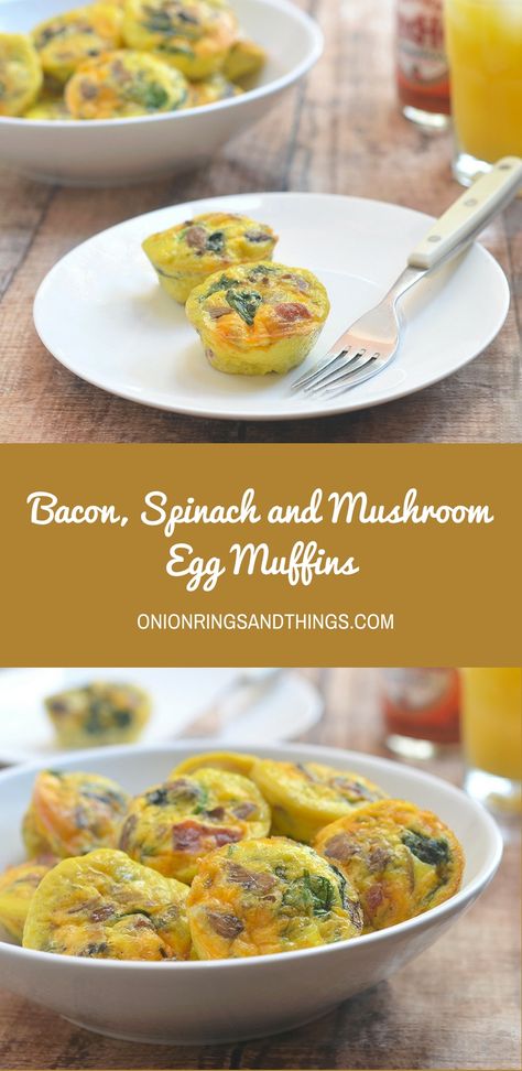 Bacon, Spinach and Mushroom Egg Muffins loaded with crisp bacon, meaty mushrooms, and baby spinach. An excellent source of protein and full of healthy veggies, these portable mini frittatas are nutritious as they are delicious! via @lalainespins Mini Brunch Food, Mini Brunch Food Ideas, Meaty Mushrooms, Brunch Food Ideas, Mini Frittatas, Spinach And Mushroom, Egg Muffins, Spinach Stuffed Mushrooms, Healthy Veggies