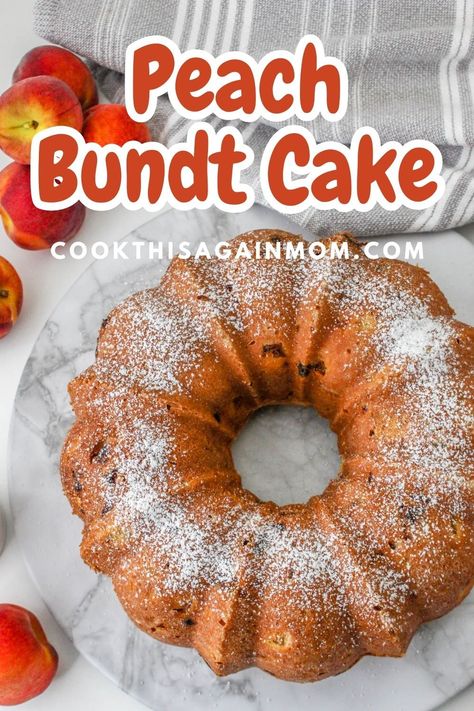 This moist and delicious Peach Bundt Cake is super easy to prepare and uses fresh peaches and basic pantry ingredients! Peach Cobbler Bundt Cake Recipe, Fresh Peach Pound Cake Recipe, Fresh Peach Desserts, Peach Bundt Cake, Bundt Cake Mix, Peach Pies, Peach Cake Recipes, Peach Pound Cakes, Peach Dessert