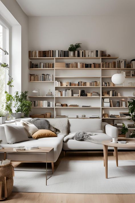 Scandinavian living room featuring stylish shelves made of natural wood, displaying books and decor, adding a minimalist touch to the space. Nordic Living Room Scandinavian Interiors, Colorful Scandinavian Interior, Nordic Style Interior Design, Minimalist Scandinavian Living Room, Scandanavian Interiors, Minimalistic Furniture, Scandinavian Shelves, Room Scandinavian, Scandinavian Design Style