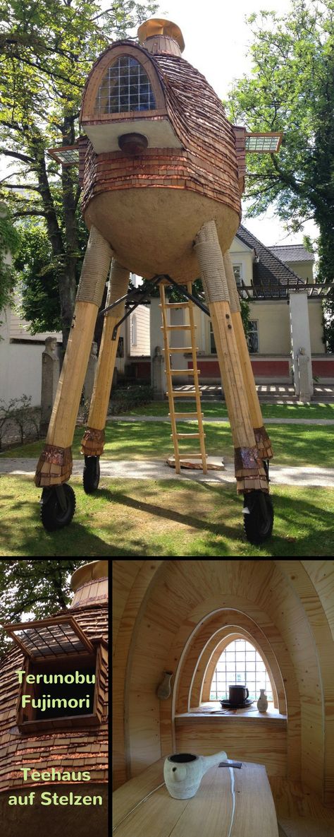 Das Teehaus auf Stelzen, ein Entwurf des japanischen Architekten Terunobu Fujimori, zu Gast im Garten der Villa Stuck in München #Japan #TerunobuFujimori #Teahouse Villa Stuck, Terunobu Fujimori, Tea Houses, Stilts, Tea House, Travel With Kids, Park Slide, Tree House, Around The Worlds